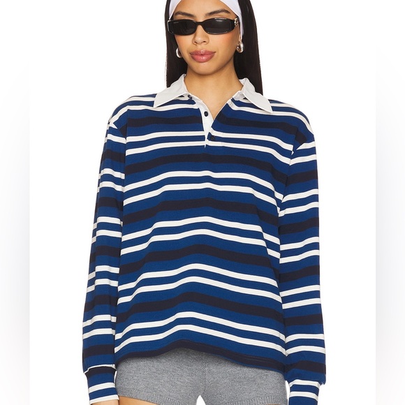 superdown Tops - NWT Superdown Sashia Polo Top Oversized  Striped Rugby Shirt Size XXS Blue White